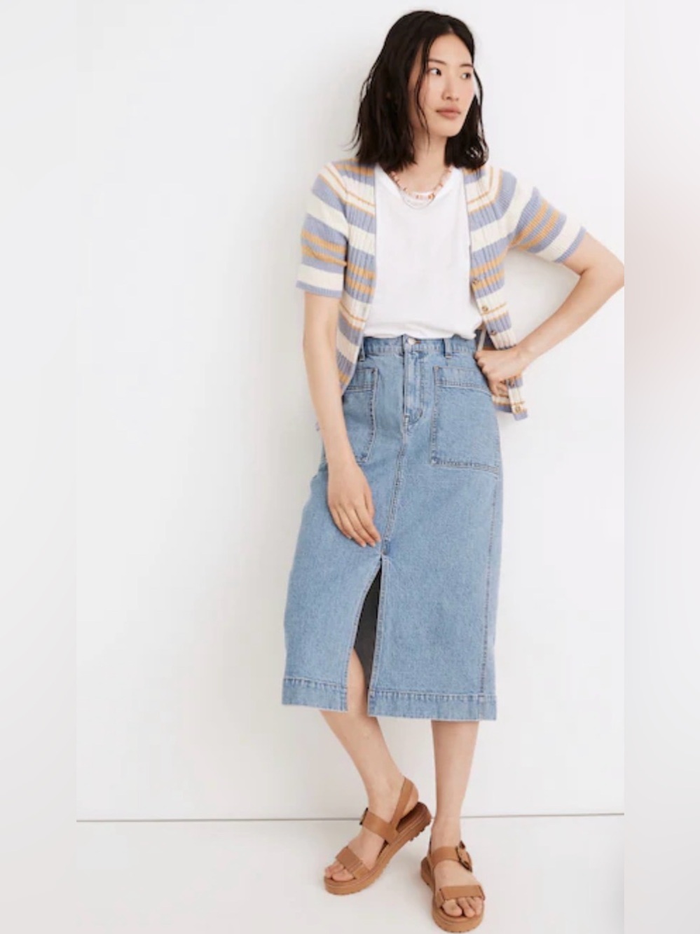 NWOT Madewell Antin Wash Blue Slit Straight Denim Midi Jean Skirt. Size 25
